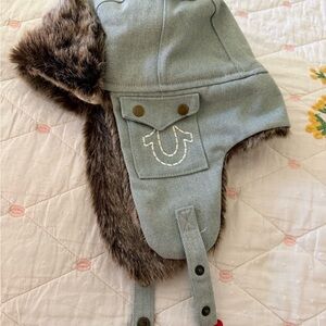 True religion Faux-Fur Lined Trapper Hat - Light Blue denim